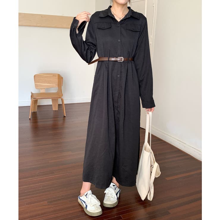 ブラック | ウエストベルト付き ロングシャツワンピース | aimoha 