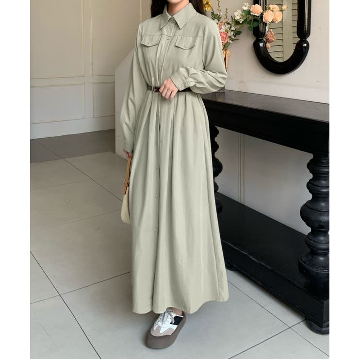 ライトベージュ | ウエストベルト付き ロングシャツワンピース | aimoha 