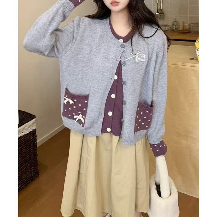 グレー | HOOK for girls ドットポケット配色カーディガン | HOOK