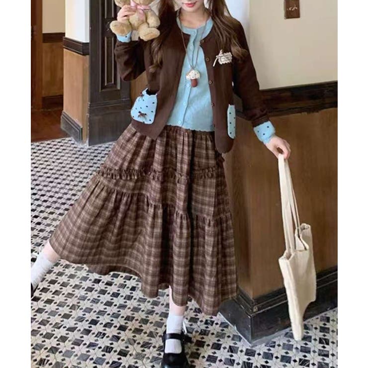 チョコ | HOOK for girls ドットポケット配色カーディガン | HOOK