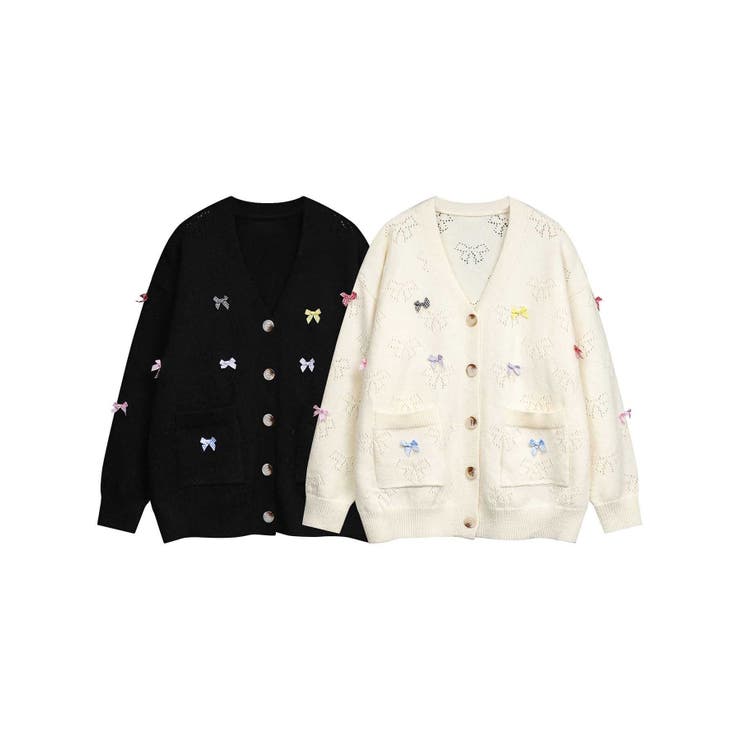 カーディガン 「HOOK」for　girls リボンたっぷり透かし編みカーディガン レディース HOOK】for girls リボンたっぷり透かし編みカーディガン[品番
