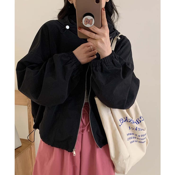 ブラック | ナイロンフーディーショートジャケット | aimoha