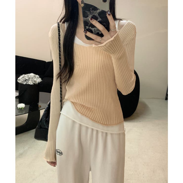 ベージュ | 重ね着風ロング袖カットソー | aimoha 