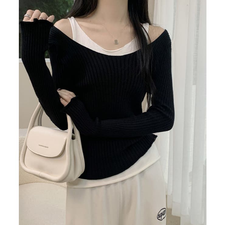 ブラック | 重ね着風ロング袖カットソー | aimoha 