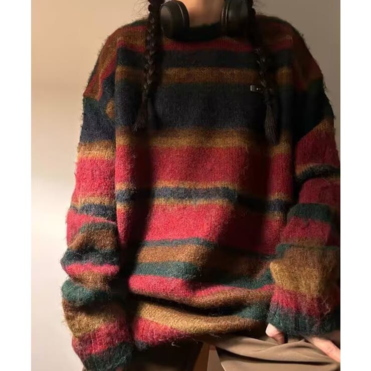 レッド | ユニセックスボーダー配色セーター【AW】 | aimoha 