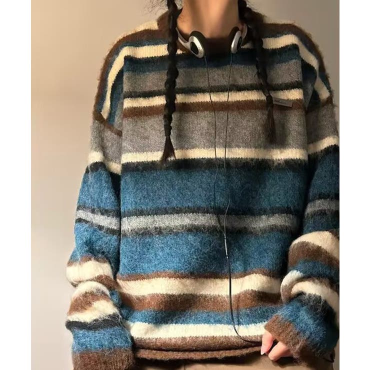 ブルー | ユニセックスボーダー配色セーター【AW】 | aimoha 
