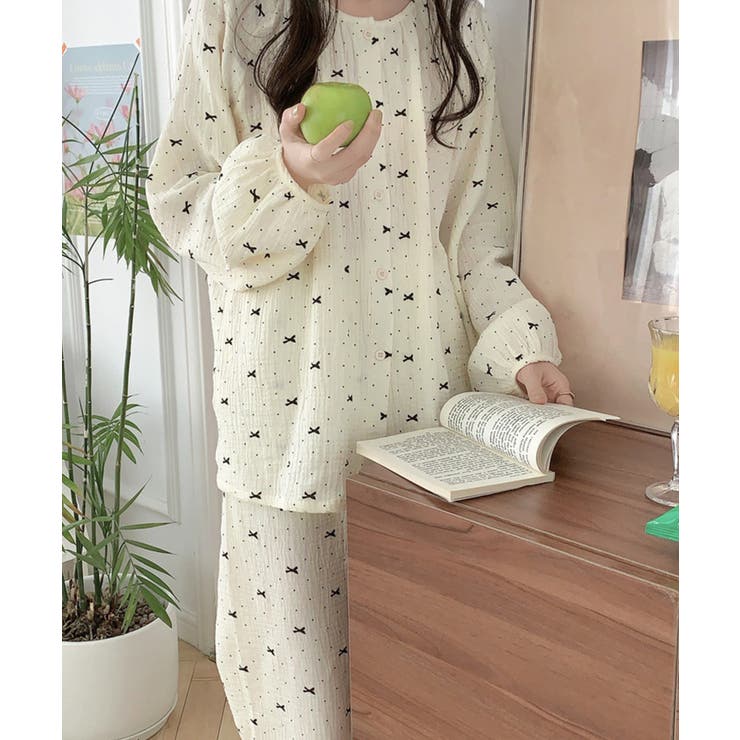 日本未入荷 YSO★ローズリボンストライプパジャマセット リボン柄コットンパジャマセット[品番：XT000012094]｜aimoha