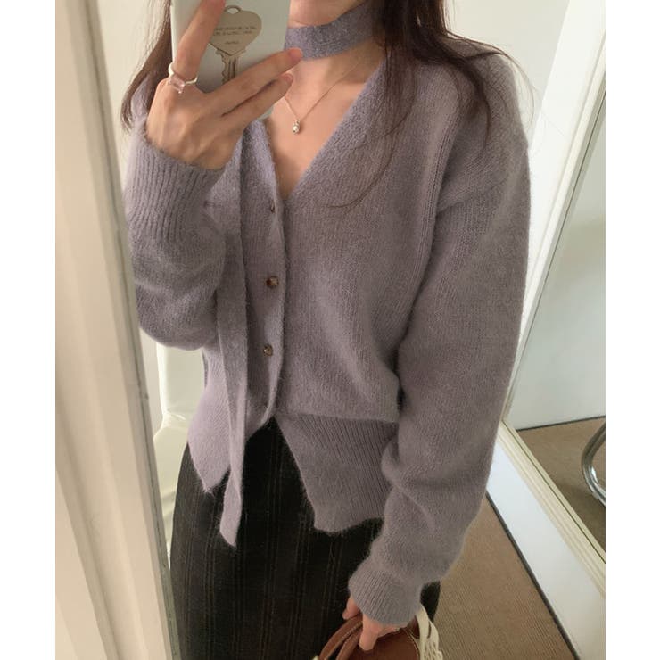 パープル | ストール付きフェミニンカーディガン【AW】 | aimoha 