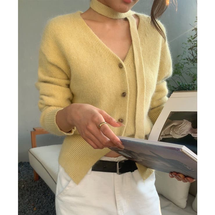 イエロー | ストール付きフェミニンカーディガン【AW】 | aimoha 