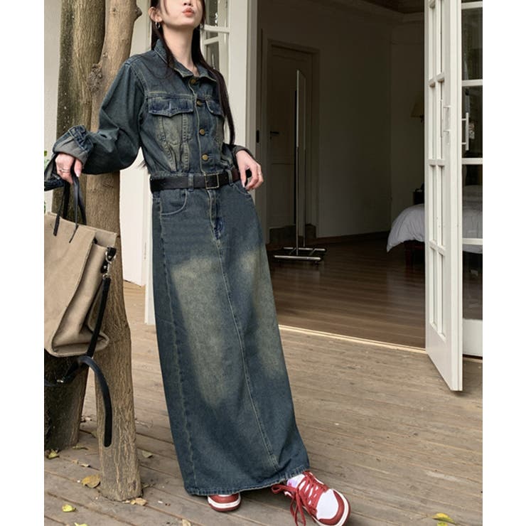 【正規品直輸入】 ベルト付きデニムロングワンピース[品番：XT000011878]｜aimoha サロペット・オーバーオール・オールインワン