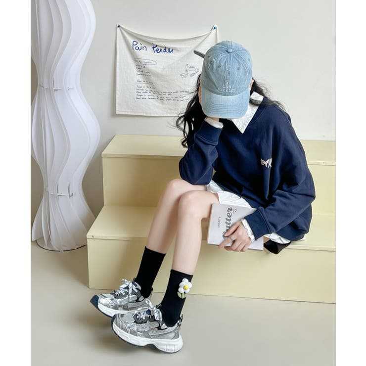 【mosox】韓国風立体花モチーフ付きソックス