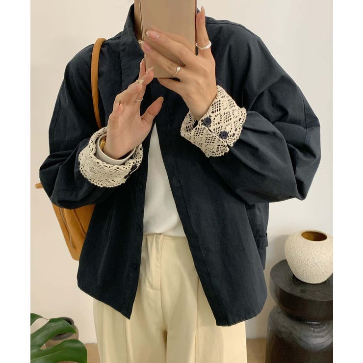 ネイビー | レースディテールコットンシャツ | aimoha 