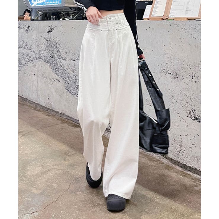 ホワイト | ハイウエストワイドデニムパンツ | aimoha 