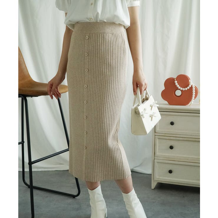 ベージュ | エレガントリブボタンスカート ニットロングスカート【AW】 | aimoha 