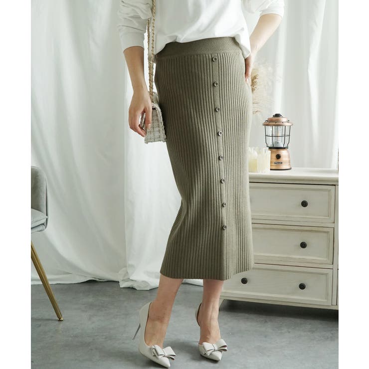 カーキ | エレガントリブボタンスカート ニットロングスカート【AW】 | aimoha 