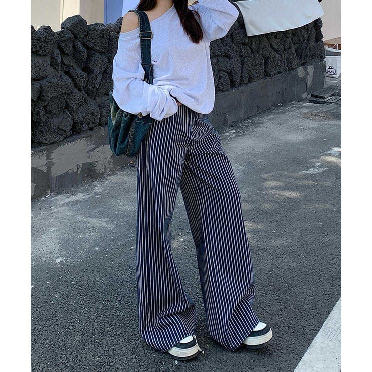 【THEAIRTOWN】ストライプ ワイド デニム パンツ☆大人気☆ 遊び心が溢れる彼女のストライプワイドデニムパンツ_N2488