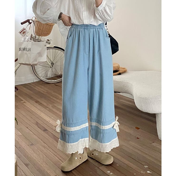 レース付きデニムワイドパンツ | aimoha  | 詳細画像9 