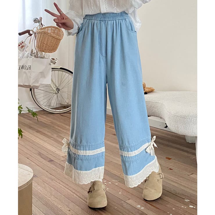 レース付きデニムワイドパンツ | aimoha  | 詳細画像10 