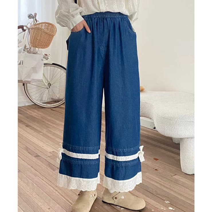 レース付きデニムワイドパンツ | aimoha  | 詳細画像12 