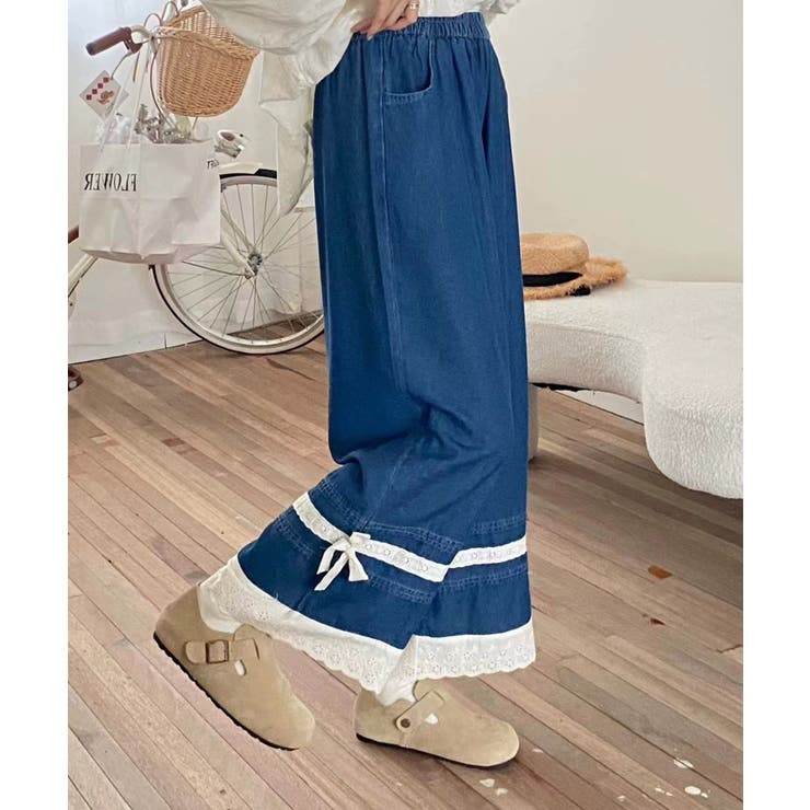 レース付きデニムワイドパンツ | aimoha  | 詳細画像13 