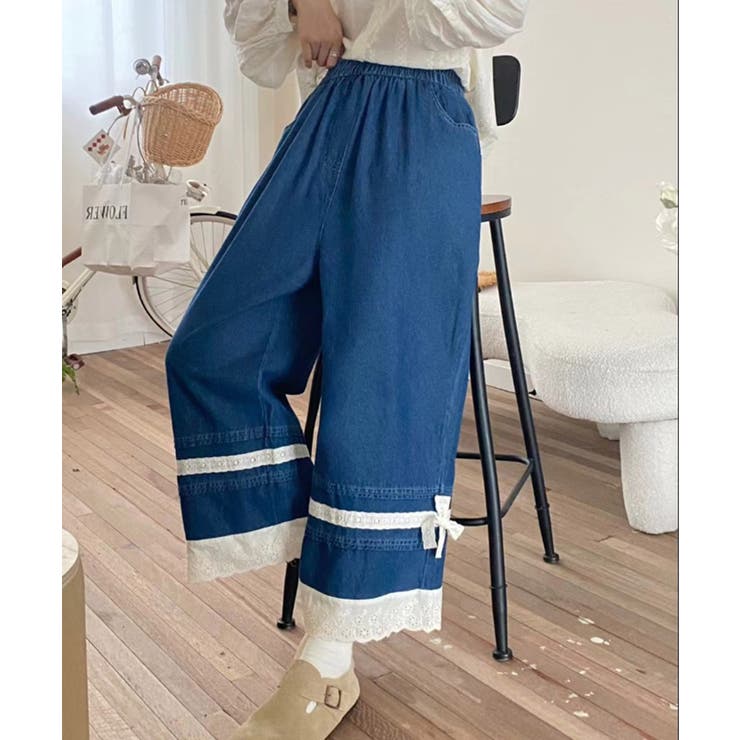 ネイビー | レース付きデニムワイドパンツ | aimoha 