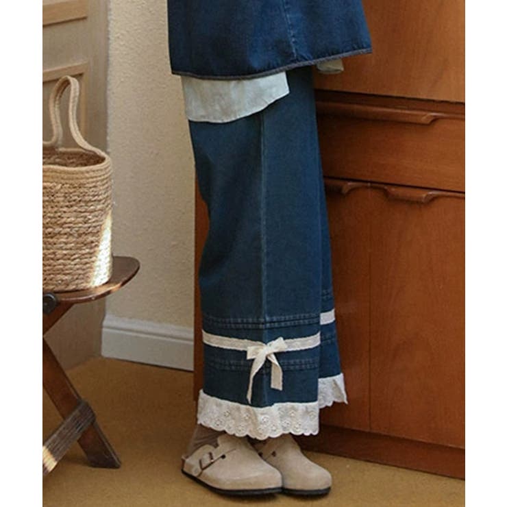 レース付きデニムワイドパンツ | aimoha  | 詳細画像16 
