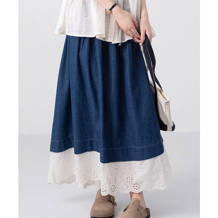 ネイビー | レース付きデニムドローストリングスカート | aimoha 