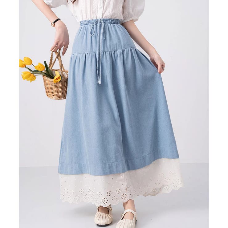 ライトブルー | レース付きデニムドローストリングスカート | aimoha 