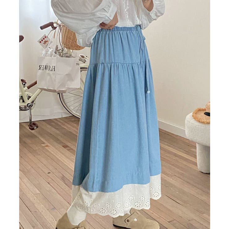レース付きデニムドローストリングスカート | aimoha  | 詳細画像18 
