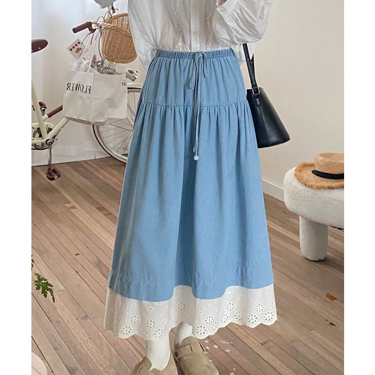 レース付きデニムドローストリングスカート | aimoha  | 詳細画像20 