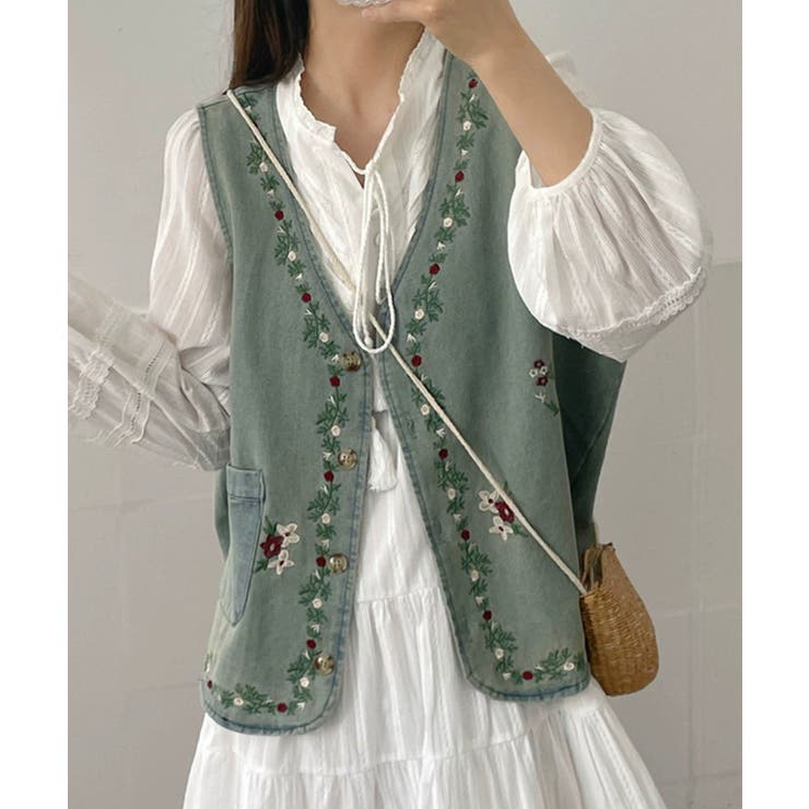 花柄刺繍デニムベスト | aimoha  | 詳細画像10 