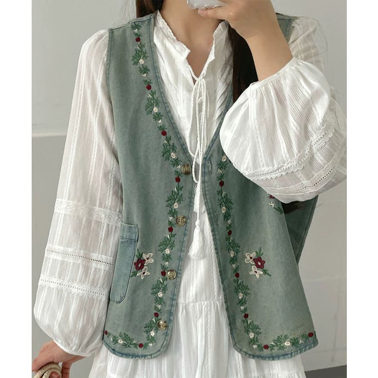 花柄刺繍デニムベスト | aimoha  | 詳細画像11 