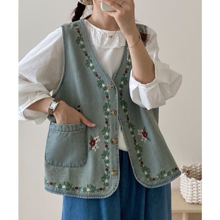 ライトブルー | 花柄刺繍デニムベスト | aimoha 