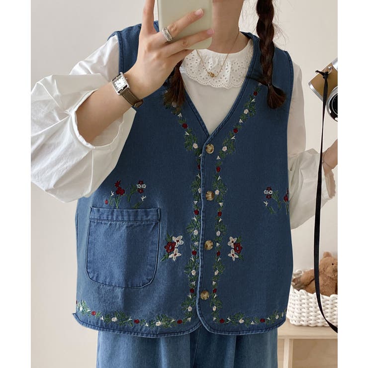 花柄刺繍デニムベスト | aimoha  | 詳細画像12 