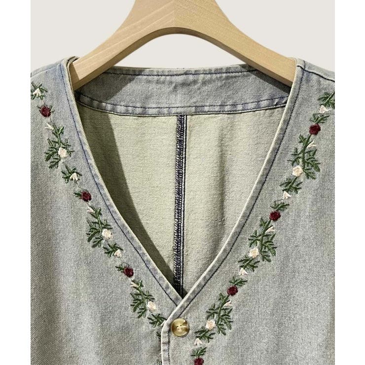 花柄刺繍デニムベスト | aimoha  | 詳細画像3 