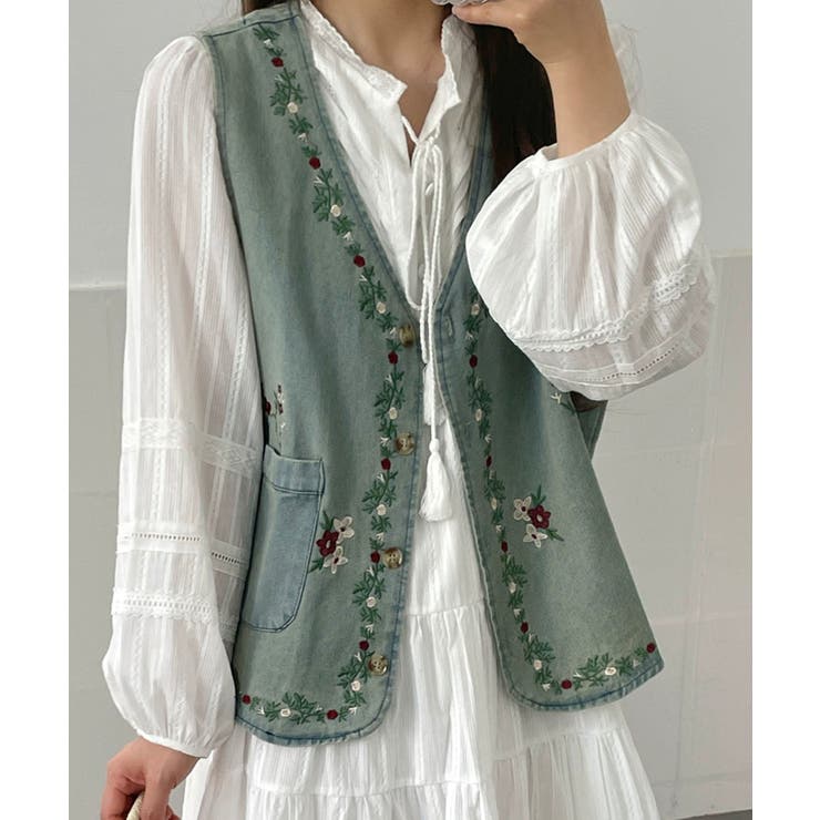 花柄刺繍デニムベスト | aimoha  | 詳細画像8 