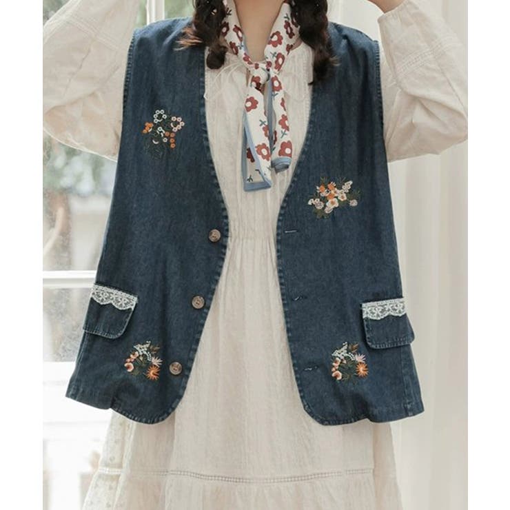 刺繍デニムベスト[品番：XT000012786]｜aimoha （アイモハ）の