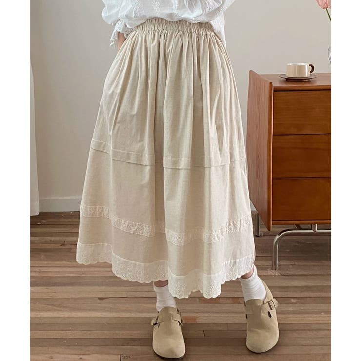 レース付き麻混ロングスカート | aimoha  | 詳細画像12 