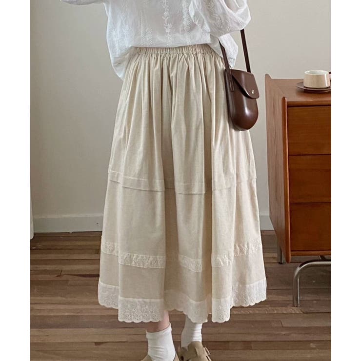 ライトベージュ | レース付き麻混ロングスカート | aimoha 