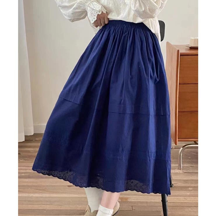 ネイビー | レース付き麻混ロングスカート | aimoha 