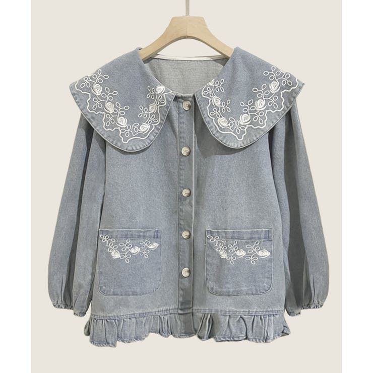 刺繍襟付きデニム風ブラウス | aimoha  | 詳細画像1 