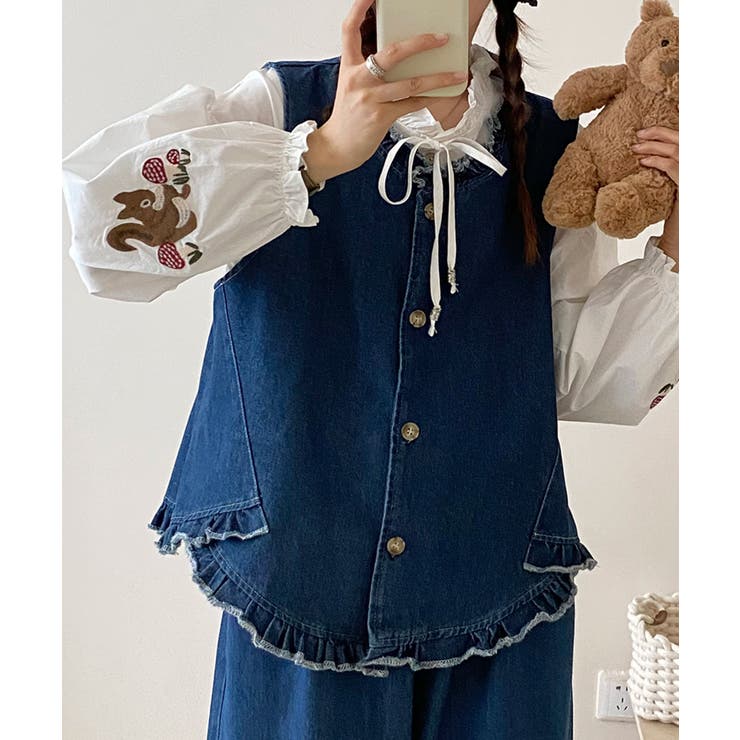 ネイビー | フリルデニムベスト | aimoha 