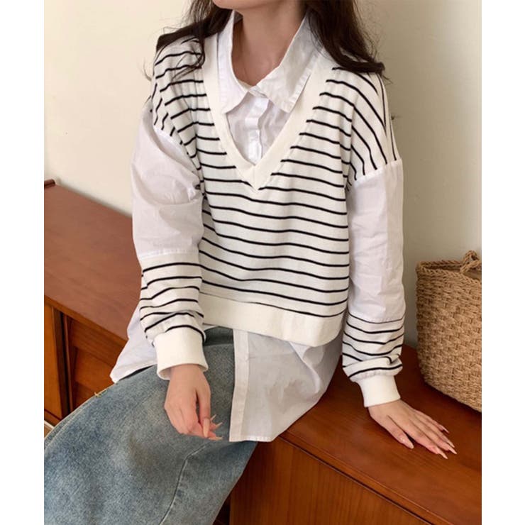 A.ROEGE HOVE エ・ローエ・ホーベ IVY TOP ボーダー ベスト Vネックボーダーニットベストドッキングシャツ[品番：XT000012678