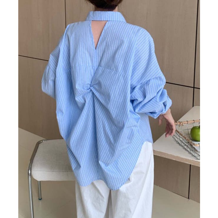 ブルー | ストライプ切替コットンシャツ | aimoha 