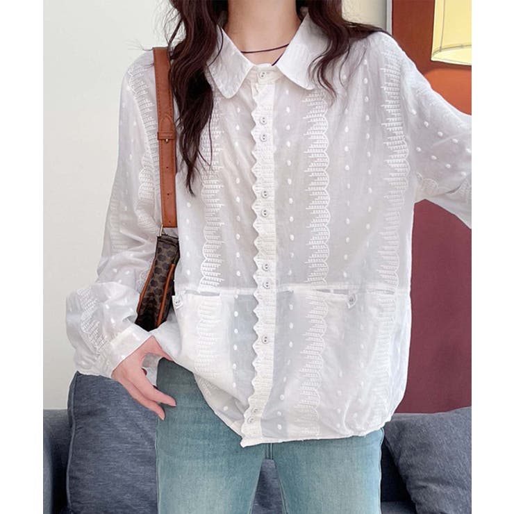 ホワイト | レーストリムドットシャツブラウス | aimoha 