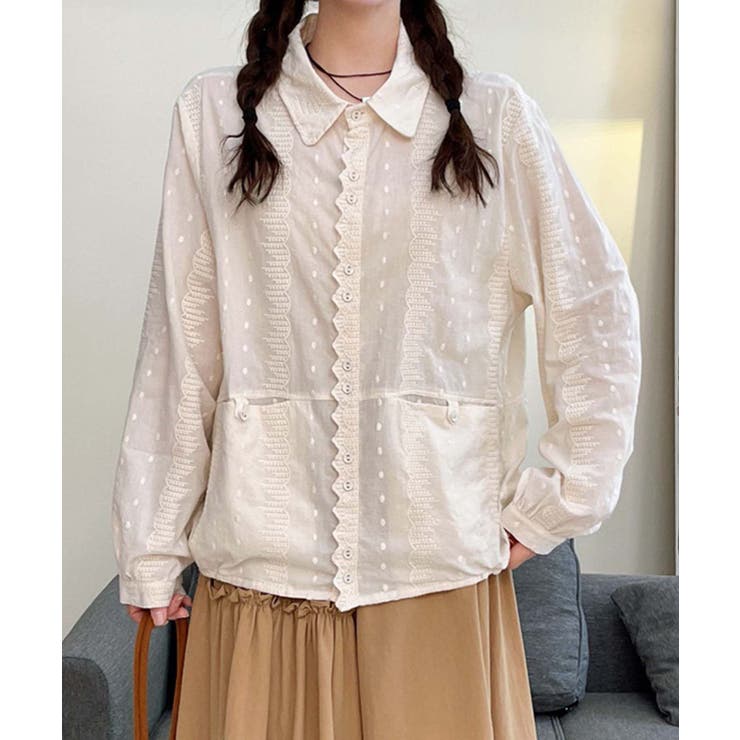 ライトベージュ | レーストリムドットシャツブラウス | aimoha 