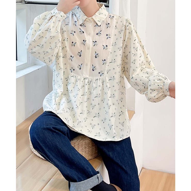 ライトベージュ | ナチュラルフローラルプリントブラウス | aimoha 
