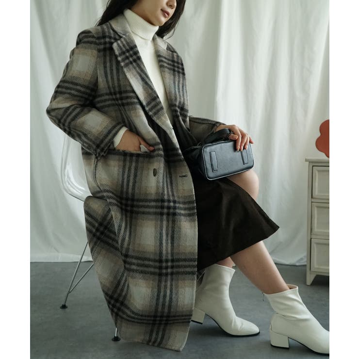 ウールチェック柄ロングコート【AW】[品番：XT000011381]｜aimoha