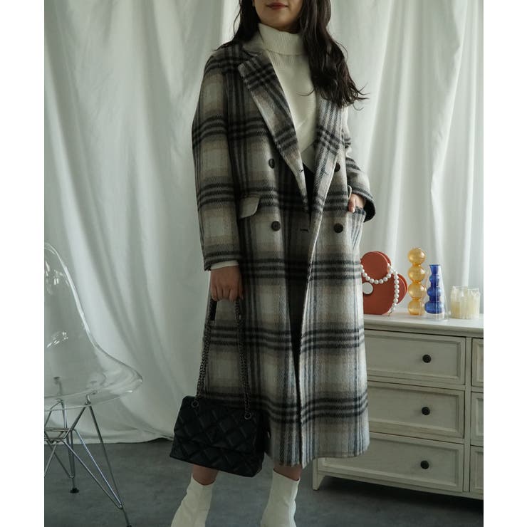 チェック柄ウールコート ウールチェック柄ロングコート【AW】[品番：XT000011381