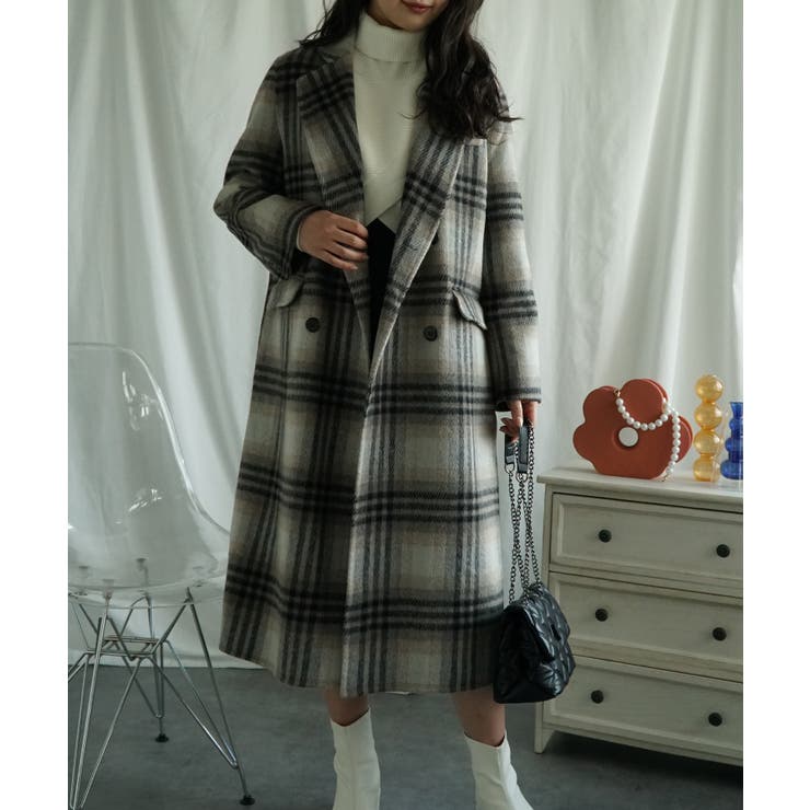 ウールチェック柄ロングコート【AW】[品番：XT000011381]｜aimoha